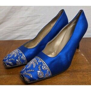St John Blue Satin Pumps Size 9 B Gold Sequin Toe Heels Shoes Barely Worn